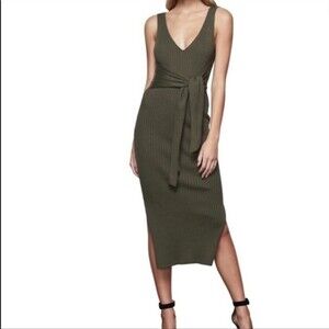 Good American Womens Green Ribbed Sleeveless Tank Dress Cotton V neck Midi  Sz 2